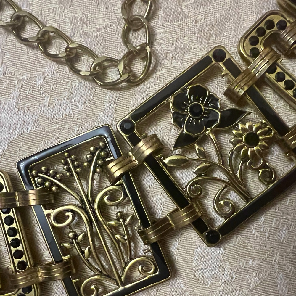 Vintage art deco belt gold & black floral geometric chain adjustable boho EUC - Picture 10 of 14